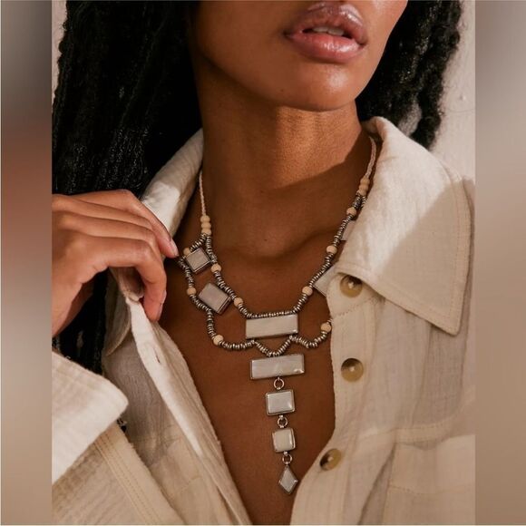 Free People Lately Women's Bib Dangle Necklace Abalone Silver Rope Beaded - Picture 1 of 7